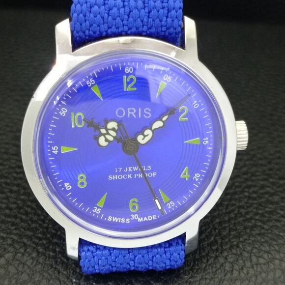 Vintage 1981 Oris Manual Mens Silver Watch W/Nato Strap & Blue accents - Picture 4 of 9